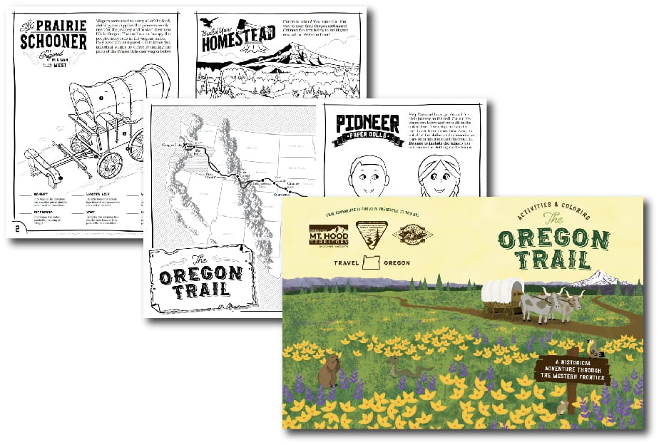 Three spreads from the Oregon Trail 175th Anniversary Activity Book