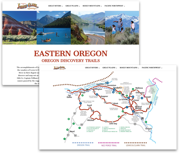 Page spreads from brochures featuring recommended automobile routes.