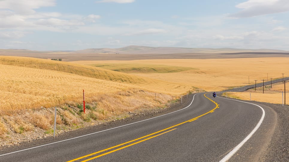 A lone motorcyclist riding down an empty highway—flanked on either side by rolling hills of golden grass.