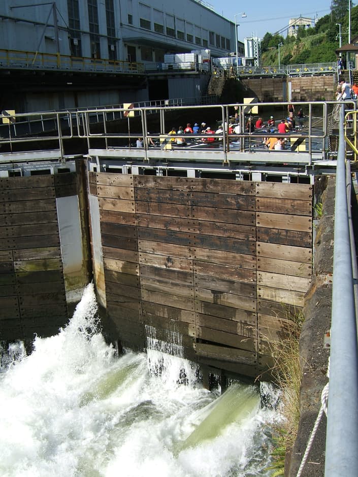 A close-up view of a water lock in action.