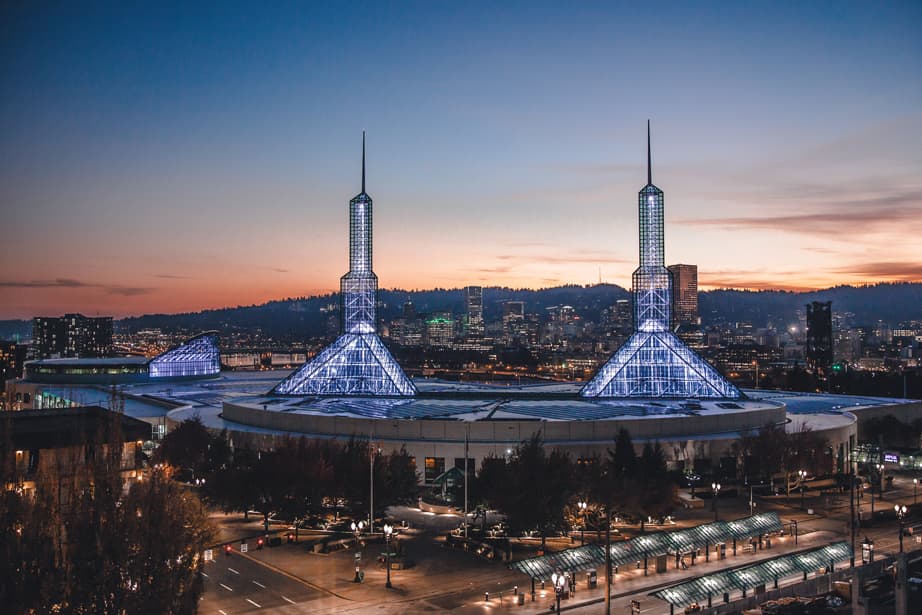 The Oregon Convention Center, photographed at sunset.